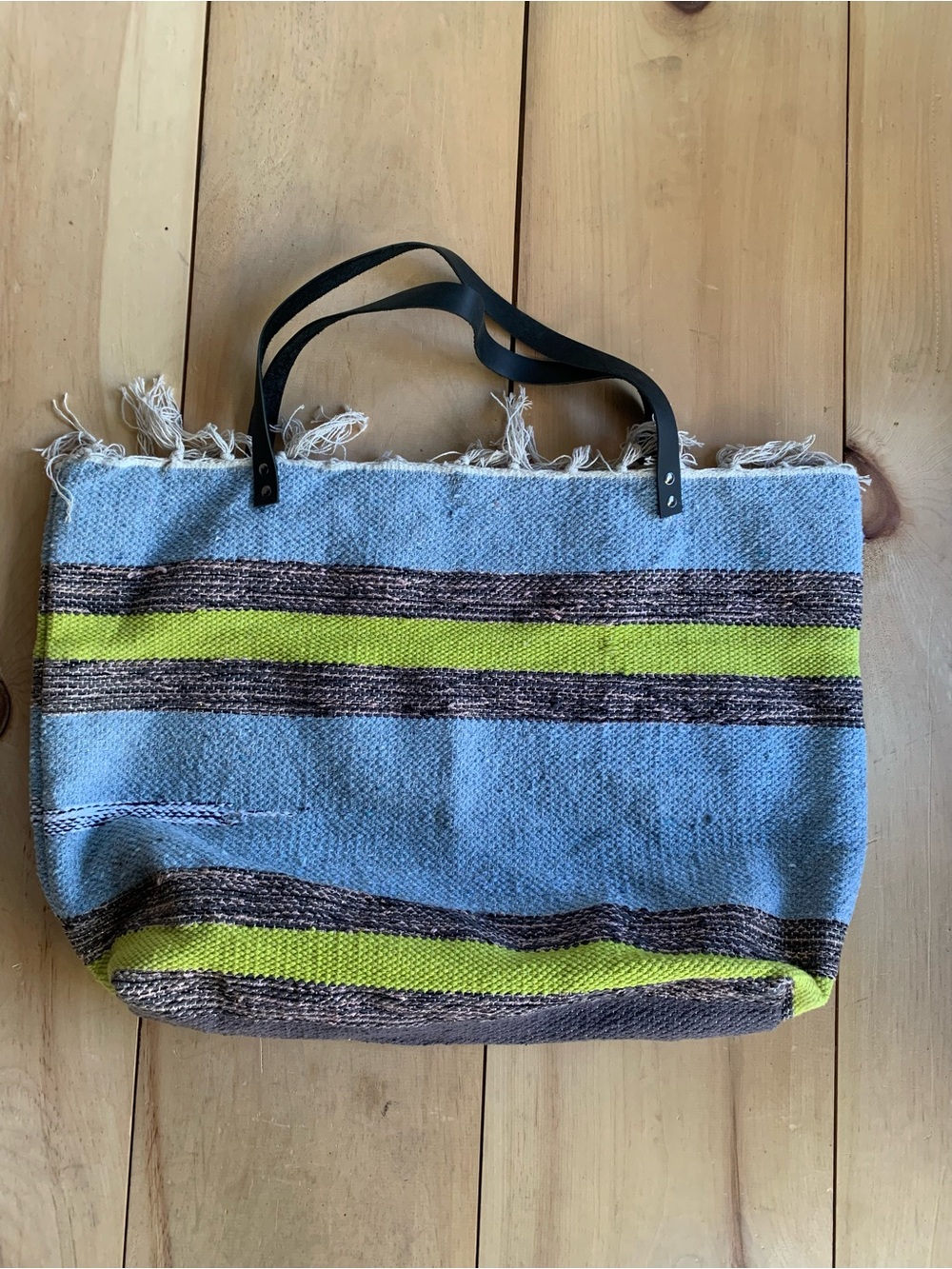 Woven Light Blue Tote with Neon Yellow Stripe